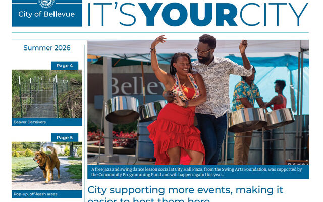 Front page of the newsletter, which shows a picture of a couple dancing at a city-supported event.
