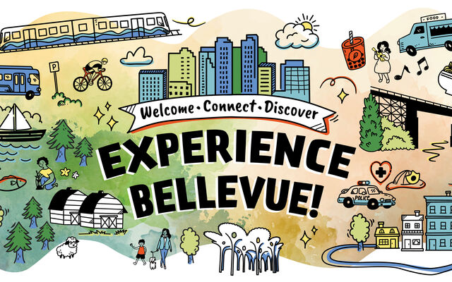 Collage of illustrations featuring Bellevue landmarks