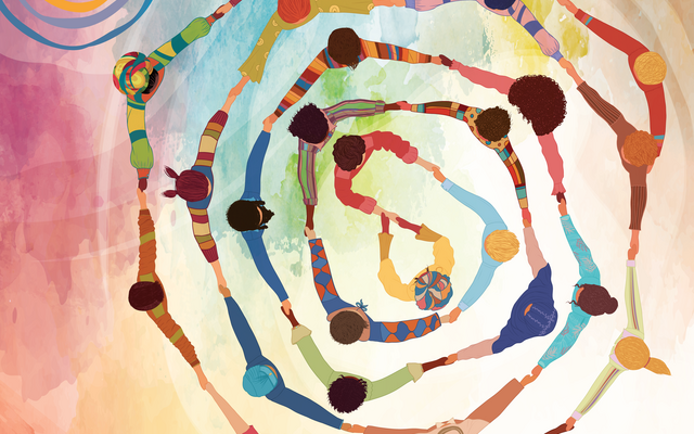 Illustration shows people holding hands in concentric circles.