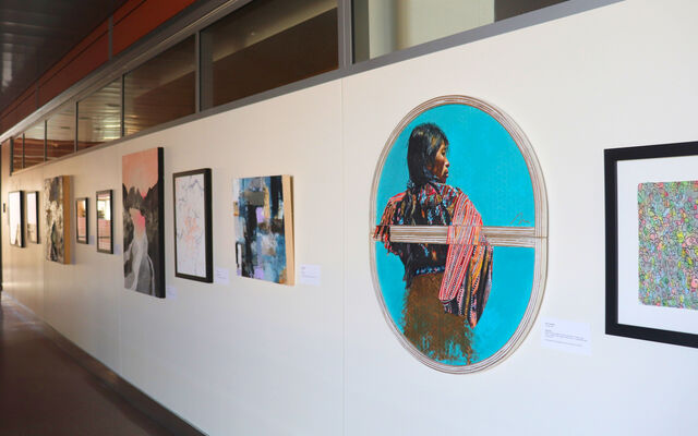 Public art, including "Xela Azul," a collage by Seattle artist Nico Inzerella, is displayed at City Hall.