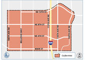 Map illustrates the curfew area downtown bounded approximately on the west by 100th Avenue Northeast, on the south by Main Street/Southeast First Street, on the east by 120th Avenue Northeast/Northeast First Street and on the north by Northeast 12th Street