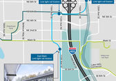 The map shows preliminary options for interchanges to I-405 in south downtown.