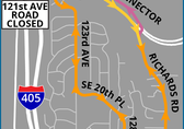 Map of detour around water main break at Southeast Ninth Place and 121st Avenue Southeast.