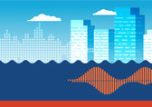 Graphic image of Bellevue skyline with ribbon