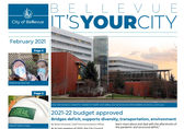 The front page of the February issue of It's Your City covers the budget and progress on a review of use-of-force policies.