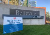 Hate Has No Home Here sign at City Hall