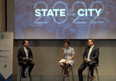 Mayor Lynne Robinson (center) speaks during the 2022 State of the City event, with Deputy Mayor Jared Nieuwenhuis (right).