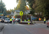 Newport Heights Elementary students use a crosswalk on the way to school.