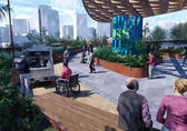 A visualization of the Grand Connection crossing shows people by a coffee cart on a bridge with downtown Bellevue in the distance.