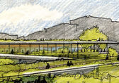 A sketch of a potential pavilion and plaza at the top of Lake Washington Boulevard and 100th Avenue that could be part of the expanded Meydenbauer Bay Park. egetation guide people down to the waterfront.