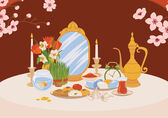 Illustration of a haft-seen, a table setting featuring objects symbolic of Nowruz