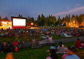 People sit on the grass at Crossroads Park and watch a movie on the big screen.