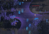 Sample LIDAR image of a street, with light blue shapes being cars.