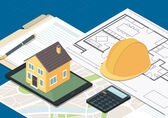 A miniature house and a hardhat sit on blueprints.