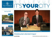 Front page of the spring 2026 issue of It's Your City, with photo of Mayor Malakoutian and Deputy Mayor Hamilton 