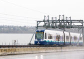 A Sound Transit light rail train does a test crossing across Lake Washington. Sound Transit photo