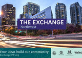 Image of Bellevue downtown street and skyline with text saying The Exchange Northwest - Your Ideas Build Our Community