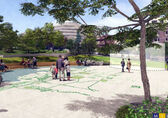 In a visualization created by MIG, people stand at a park, with a space marked where a monument would be.