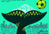 The Seattle World Cup poster by Shogo Ota is bright green, with Mount Rainier, a whale's fluke and a soccer ball in it.