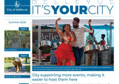 Front page of the newsletter, which shows a picture of a couple dancing at a city-supported event.