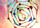Illustration shows people holding hands in concentric circles.