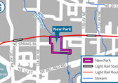 Map of BelRed with the site for the new park outlined in hot pink