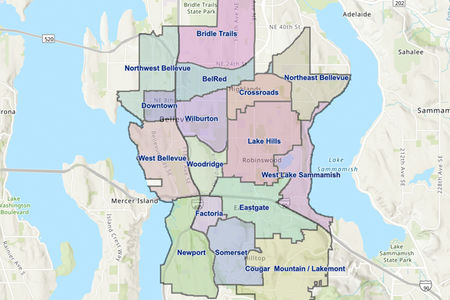 map highlighting Bellevue neighborhoods