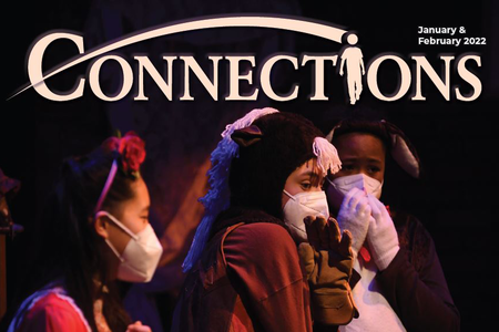 Connections program brochure cover for January & February 2022 programs, showing youth actors in costume during a Bellevue Youth Theatre production.