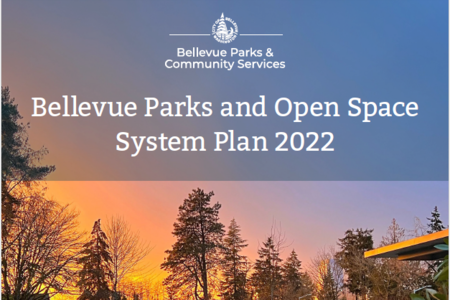 image of trees and sunset. Text overlay reads "Bellevue Parks and Open Space System Plan 2022"