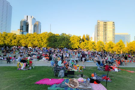 image of people gathered in a park on picnic blankets