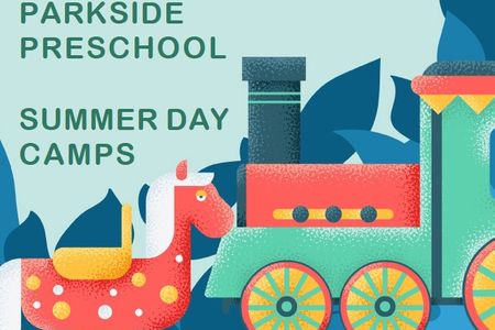 image of toy horse and train, text reads "Parkside Preschool Summer Day Camps"