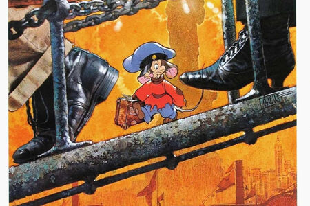 An American Tail movie poster showing a cartoon mouse (Fivel) holding luggage and walking in between two boots