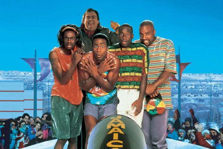 Cool Runnings movie poster shows Jamaican Bobsled Team members in summer outfits in a shivering gesture, and their coach