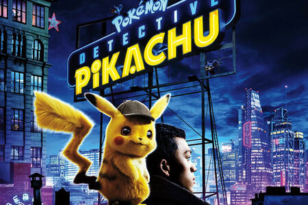 Detective Pikachu movie poster shows Pikachu standing on shoulders of Tim Goodman against backdrop of city buildings