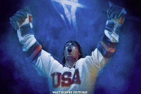 Miracle movie poster showing man wearing hocky jersey with hands in air celebrating