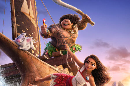 Moana 2 movie poster showing Muai and Moana on a sail boat in the ocean