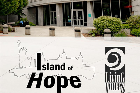 Exterior of Bellevue Youth Theatre, text reads "Island of Hope" and "Living Voices"