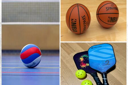 Collage shows sports balls for volleyball, basketball and pickleball