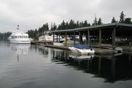 boats parked in marina on cloudy day
