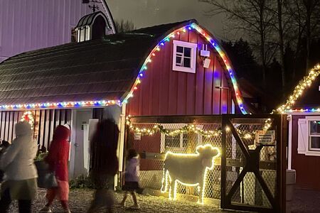 Image of barn with holiday lights