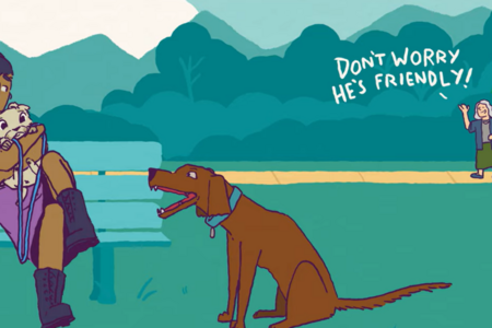 Illustration of a dog off leash next to a woman on a park bench, clutching her dog. Owner in the background says "Don't worry he's friendly" 