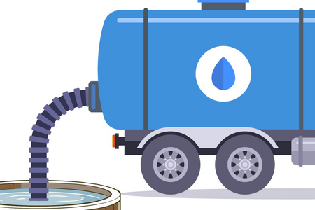 Image of a water pump truck with a big hose in a hot tub removing water for disposal. Clipart style graphic.