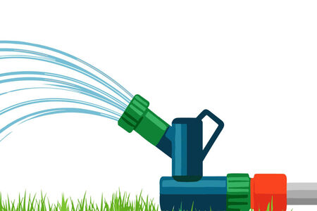 Image of water coming out of a sprinkler head in grass connected to a pipe indicating water draining for irrigation. Clipart style graphic.