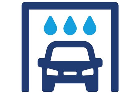 Image of a car in a car wash in a clip art graphic style.
