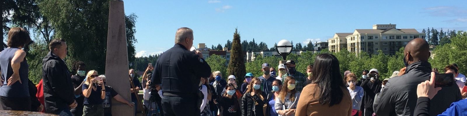 Police Chief Steve Mylett speaks at a rally following protests.
