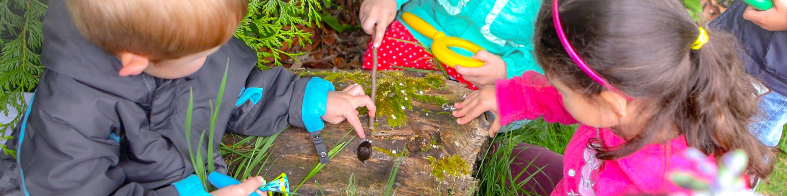 a group of four children outside, looking at a snail on a log