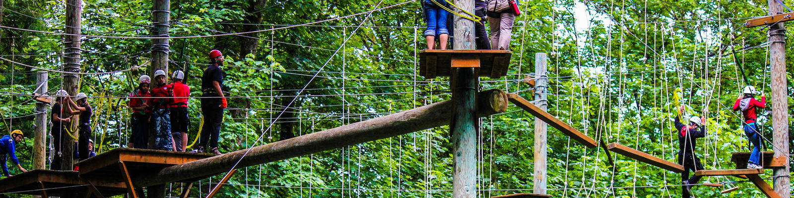 group of people outdoors on a zipline challenge course