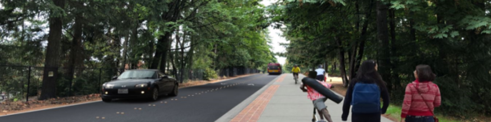 Image depicting students walking and rolling down path with a bus in the background and a car in the foreground