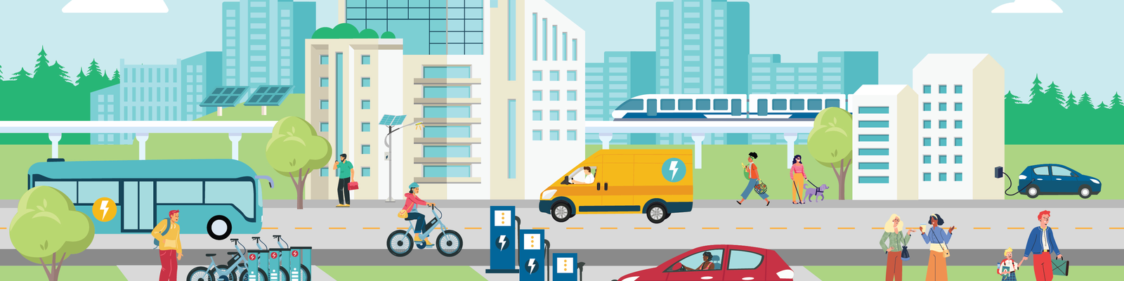 Graphic depiction of a city streetscape with multiple forms of e-mobility, including lightrail, electric buses and vans, electric vehicles plugged into public and multifamily charging, and residents walking and using public e-bikeshares.