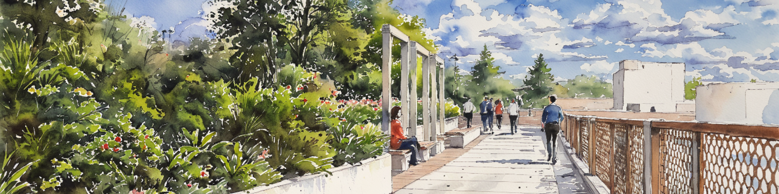 Illustration of  people walk on a pedestrian path lined with lush greenery